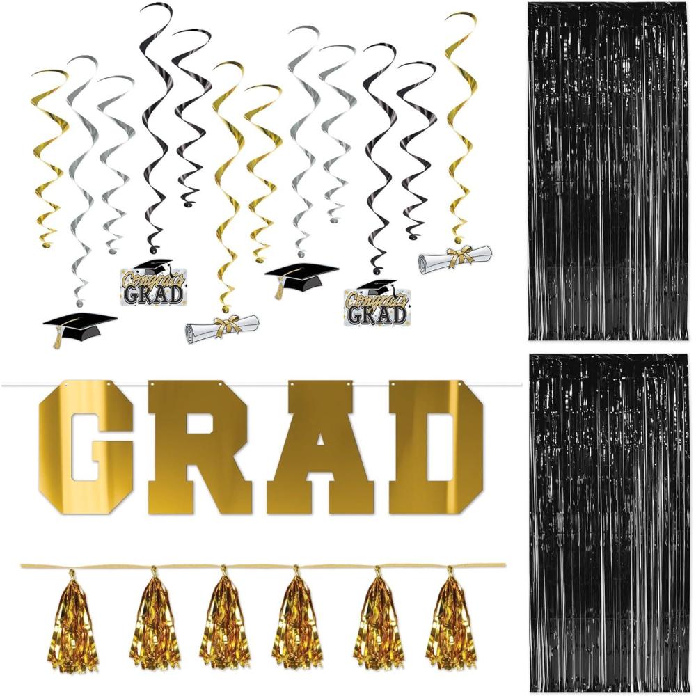 image:imageBeistle Graduation Backdrop Bundle  Gold GRAD Foil Banner 2 Black Fringe Curtains 12 Graduation Whirls amp Metallic Tassel Garland Party Decoration Set for Commencement Senior Photo Booth Wall
