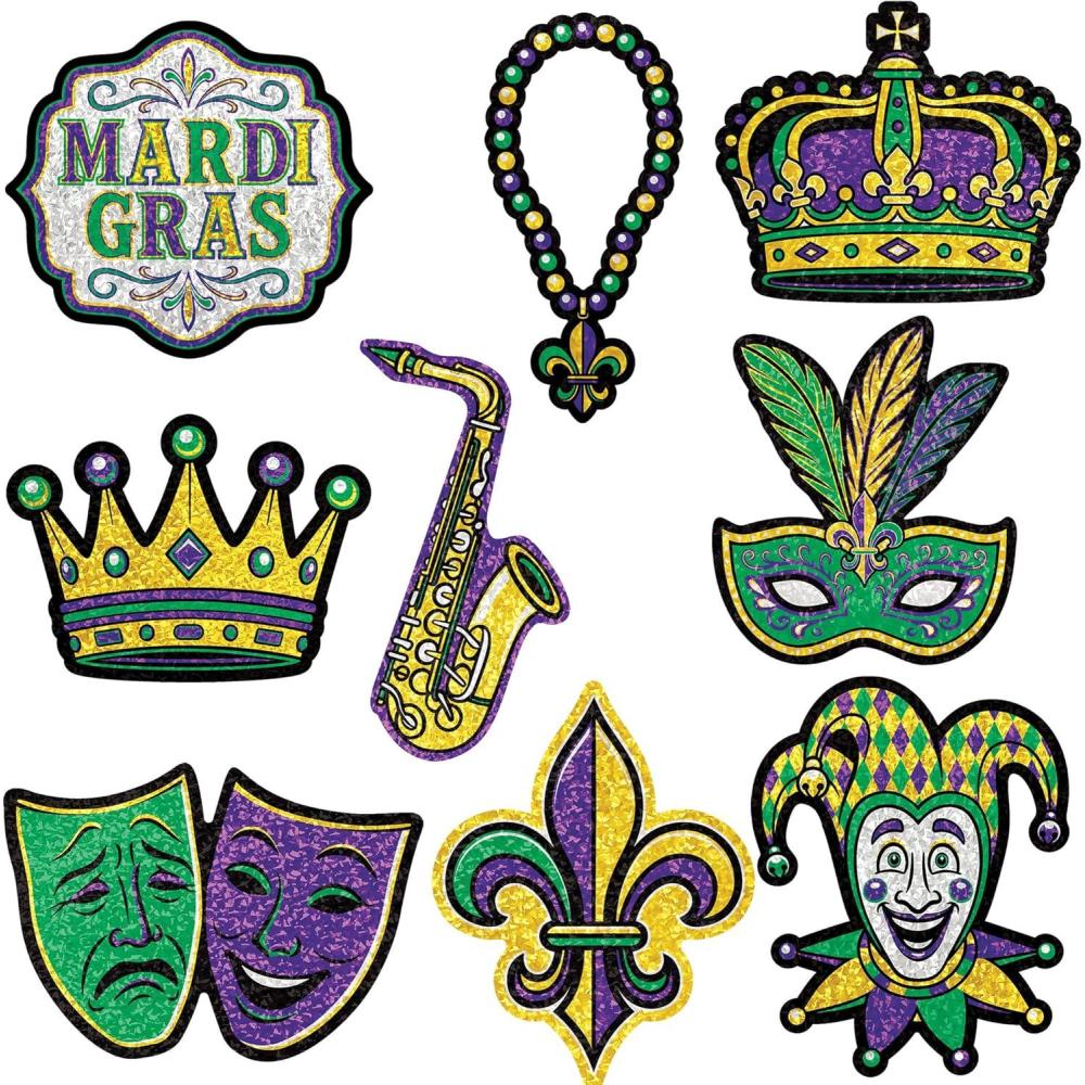 image:imageBeistle Mini Mardi Gras Cutouts 18 Pack DoubleSided Glitter Cutouts with Masks Crowns Jesters Beads amp FleurdeLis Designs Carnival Party Tabletop Scatter amp Wall Dcor Accents 25