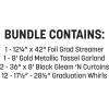 Beistle Graduation Backdrop Bundle – Gold “GRAD” Foil Banner, 2 Black Fringe Curtains, 12 Graduation Whirls & Metallic Tassel Garland, Party Decoration Set for Commencement, Senior Photo Booth Wall