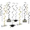 Beistle Graduation Backdrop Bundle – Gold “GRAD” Foil Banner, 2 Black Fringe Curtains, 12 Graduation Whirls & Metallic Tassel Garland, Party Decoration Set for Commencement, Senior Photo Booth Wall