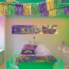 Beistle Mardi Gras Metallic Fringe Drape – Single-Ply Foil Garland, Green, Gold, Purple Fringe Decoration, Décor for Wall, Table or Doorway, Streamer for Carnival Events & Festive Displays, 15″ x 10′