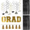 Beistle Graduation Backdrop Bundle – Gold “GRAD” Foil Banner, 2 Black Fringe Curtains, 12 Graduation Whirls & Metallic Tassel Garland, Party Decoration Set for Commencement, Senior Photo Booth Wall