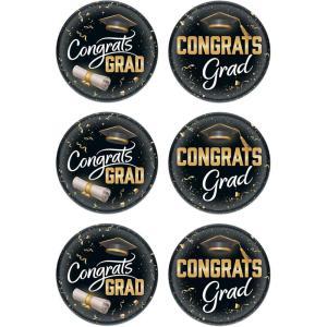 Beistle Congrats Grad Buttons – 6 Pack, Graduation Pinback Buttons with Black & Gold Designs, Round Buttons with Metal Backs, Celebration Accessories for Graduation Ceremonies, Events & Parties, 2″