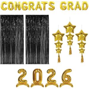 Beistle Graduation 2026 Backdrop – Gold “Congrats Grad” Balloon Banner, Self-Standing “2026” Number Balloons, Star Balloon Tassels & 2 Black Fringe Curtains, Commencement Photo Booth Decorations