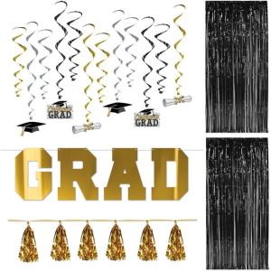 Beistle Graduation Backdrop Bundle – Gold “GRAD” Foil Banner, 2 Black Fringe Curtains, 12 Graduation Whirls & Metallic Tassel Garland, Party Decoration Set for Commencement, Senior Photo Booth Wall