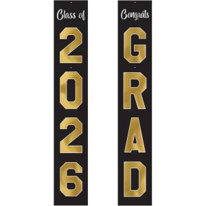 Beistle Jointed Foil Graduation Pull-Down Cutouts – 2 Pack, Hanging Decorations with “Class of 2026” & “Congrats GRAD” Designs, Black and Gold Graduation Décor for Ceremonies & Celebrations, 6’