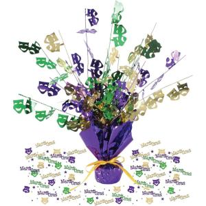 Beistle Mardi Gras Centerpiece & Confetti Set – 15″ Gleam ‘N Burst Table Decoration with Purple Base & Gold Ribbon and ½ Ounce Metallic Mardi Gras Scatter, Party Décor for Celebrations and Events