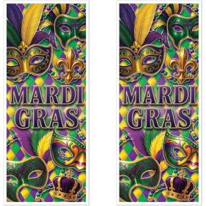 Beistle Mardi Gras Door Covers – 2 Pack, All-Weather Thin Plastic Decorations with Mask, Beads & Fleur-de-Lis Design, Green, Gold & Purple Carnival Entryway Décor for Masquerade Parties, 6′ x 30″