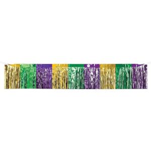 Beistle Mardi Gras Metallic Fringe Drape – Single-Ply Foil Garland, Green, Gold, Purple Fringe Decoration, Décor for Wall, Table or Doorway, Streamer for Carnival Events & Festive Displays, 15″ x 10′