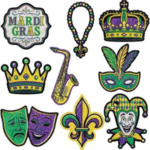 Beistle Mini Mardi Gras Cutouts – 18 Pack, Double-Sided Glitter Cutouts with Masks, Crowns, Jesters, Beads & Fleur-de-Lis Designs, Carnival Party Tabletop Scatter & Wall Décor Accents, 2¾”–5¾”