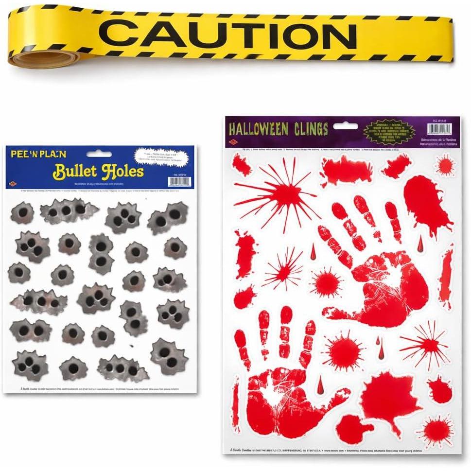 image:imageBeistle Crime Scene Party Decoration Bundle  Bullet Hole Peel N Place Stickers Bloody Handprint Window Clings and Caution Tape Realistic Police Forensic and Halloween Dcor for Parties amp Events