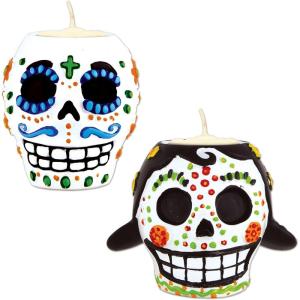 Beistle Day of The Dead Tea Light Holder Set – Male and Female Sugar Skull Candle Holders, Ceramic Dia de Los Muertos Décor, Decorations for Altar Displays, Home, and Festive Celebrations, 6 Ounces