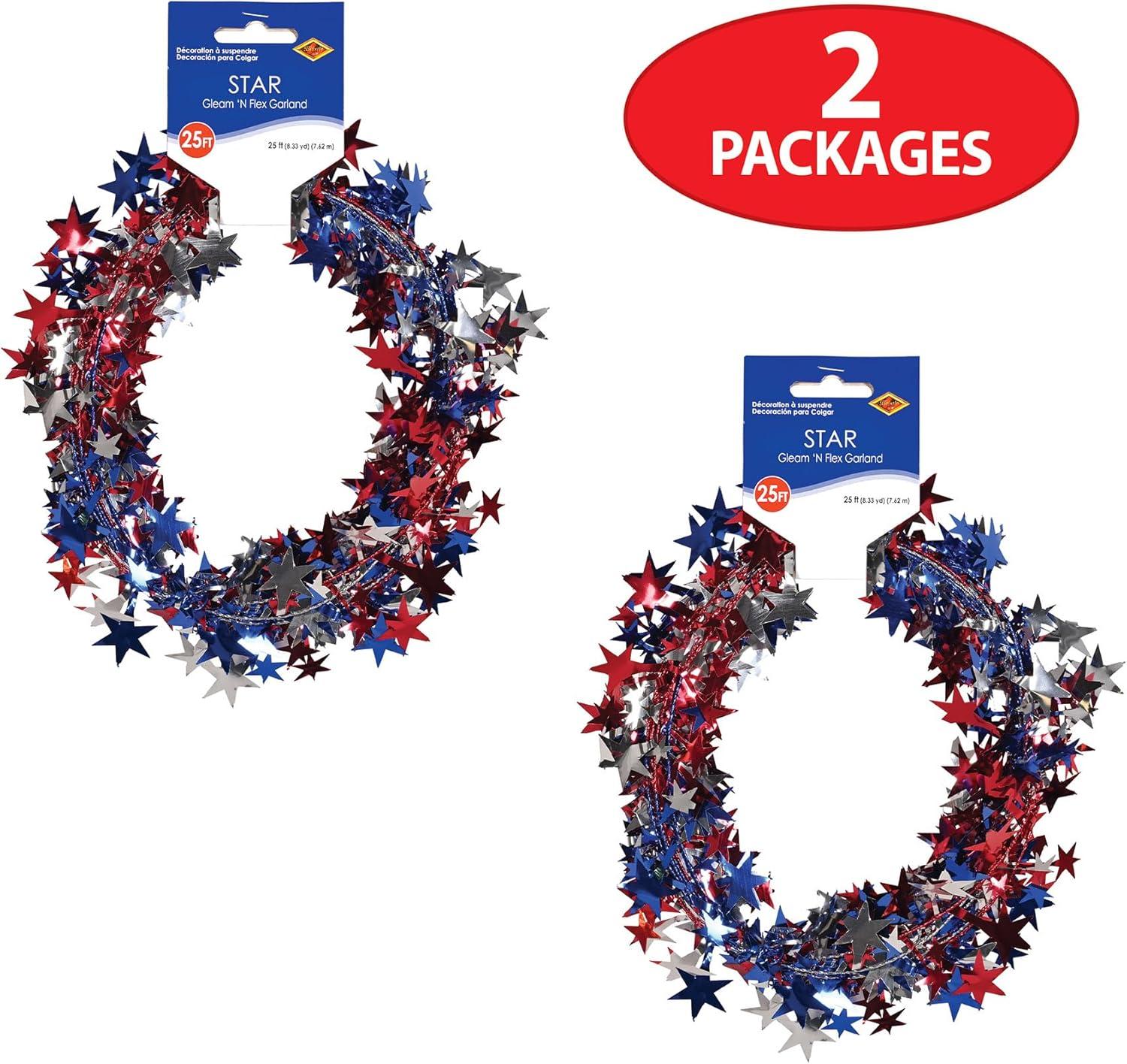 image:imageBeistle Gleam N Flex Star Garlands 2Pack Patriotic Red Silver and Blue Wire Garlands with Metallic Stars for 4th of July Memorial Day and USA Americana Party Decorations 25 Each