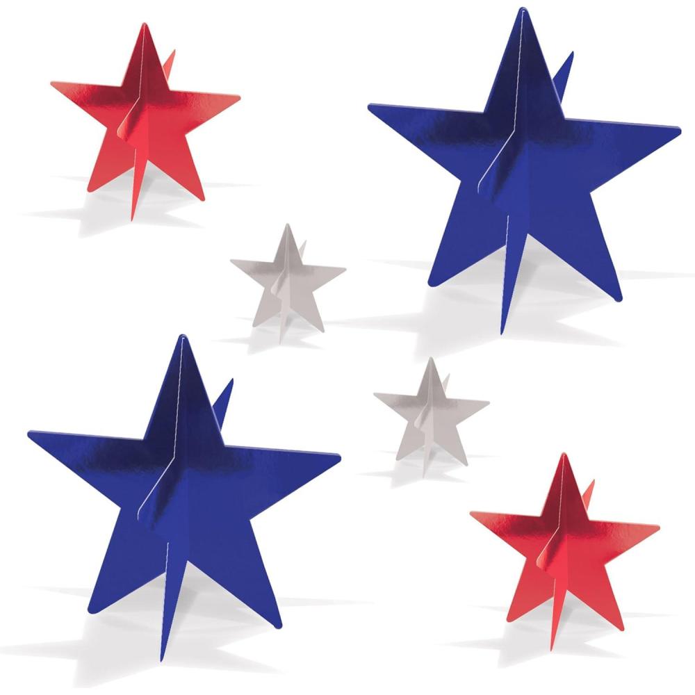image:imageBeistle Red Silver and Blue 3D Foil Star Centerpieces 6 Pack Dimensional Star Table Decorations Freestanding Metallic Dcor for New Years Eve Celebrations July 4th Parties amp Patriotic Events