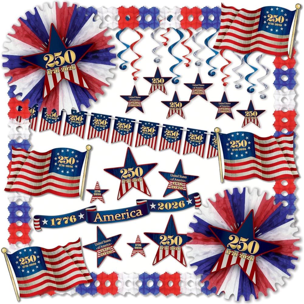 image:imageBeistle Semiquincentennial Decorating Kit 30 Piece Pack Patriotic 250th Anniversary Party Decorations with Fans Whirls Flag amp Star Cutouts Streamers amp Garlands for USA 17762026 Celebrations