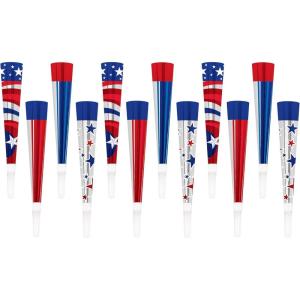 Beistle Patriotic Foil Horns – 12 Pack, Red White & Blue Noisemakers with Star & Stripe Designs, Metallic Celebration Horns with Jumbo Mouthpieces for 4th of July, Patriotic Parades & Civic Events, 9″