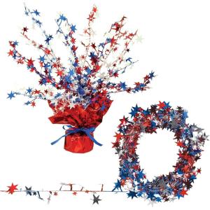 Beistle Patriotic Party Décor Bundle – Red, White & Blue Star Gleam ’N Burst Centerpiece & 25-Foot Metallic Star Garland, Festive Decorations for 4th of July, Memorial Day, and Americana Celebrations