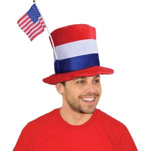 Beistle Plush Patriotic Top Hat with American Flag – Red, White & Blue Striped Headwear with Removable USA Flag, Novelty Americana Accessory for Fourth of July, Memorial Day & Patriotic Event Styling