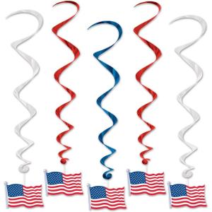 Beistle Red, Silver & Blue Star Whirls, Hanging Patriotic Decorations, USA Party Supplies, Fourth of July, Memorial Day & Themed Holiday Decor(American Flag Whirls (5-Pack))