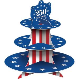 Beistle Semiquincentennial Cupcake Stand – 3-Tier Patriotic Dessert Display with USA 250 Design, Freestanding Red, White & Blue Treat Stand for 1776–2026 Events, July 4th Parties & Buffet Tables, 16″