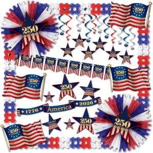Beistle Semiquincentennial Decorating Kit – 30 Piece Pack, Patriotic 250th Anniversary Party Decorations with Fans, Whirls, Flag & Star Cutouts, Streamers & Garlands for USA 1776–2026 Celebrations