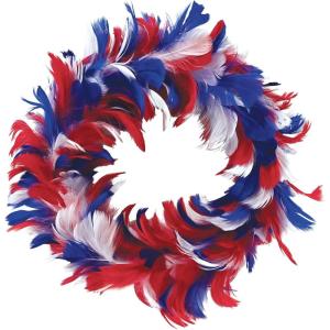 Feather Wreath (red, white, blue) Party Accessory  (1 count)(Fancy Wreath – 8″)