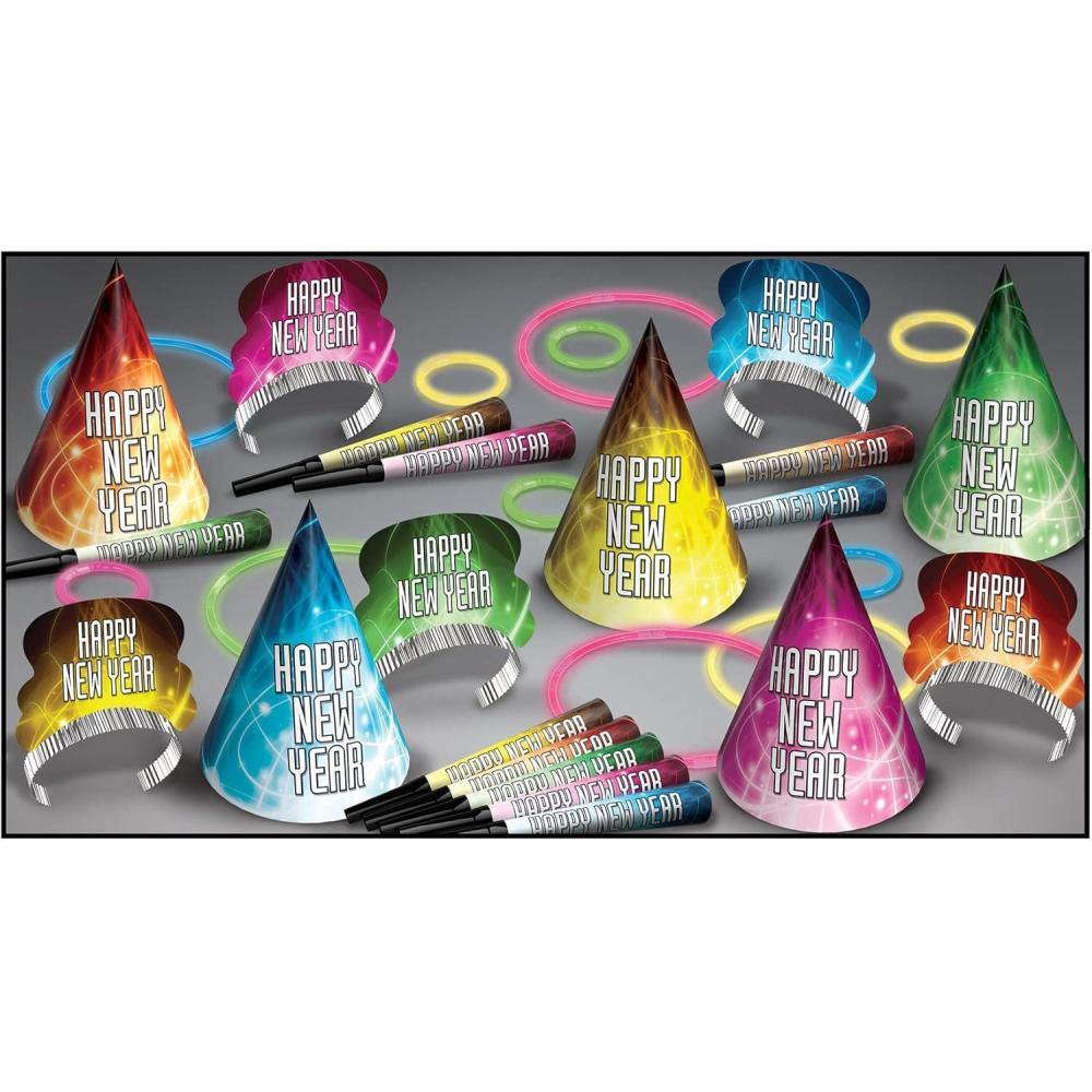 image:imageBeistle Glow Happy New Year Party Assortment For 10 People NYE Hats Tiaras Noisemaker Horns Glow Necklaces And Bracelets