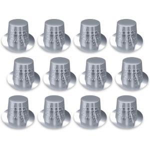 Beistle 12 Piece Silver Paper Happy New Year Top Hats, NYE Party Favors Supplies for Photo Booth Props