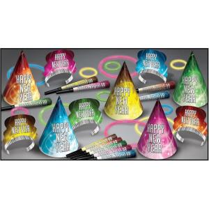 Beistle Glow Happy New Year Party Assortment For 10 People – NYE Hats, Tiaras, Noisemaker Horns, Glow Necklaces And Bracelets