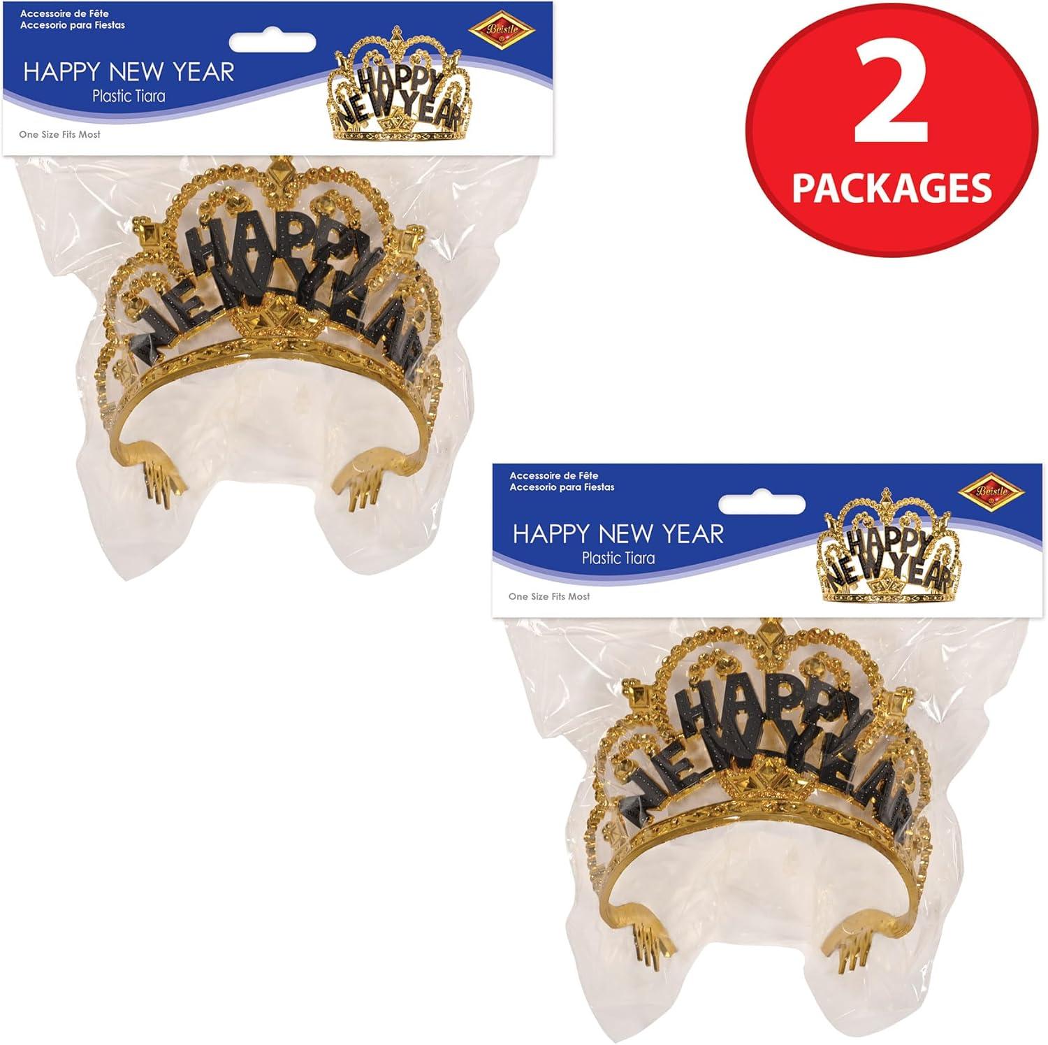image:imageBeistle 2 Piece Black amp Gold Plastic Happy New Year Tiaras with Combs Attached NYE Party Favors for Photo Booth Props