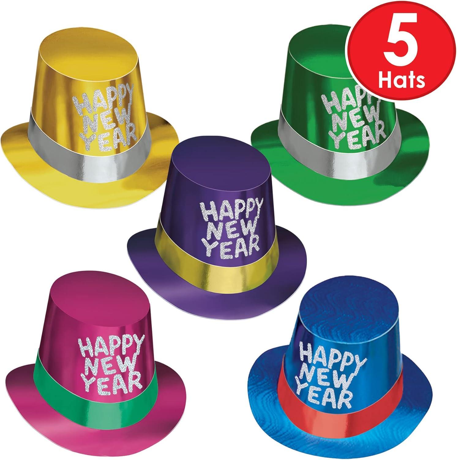 image:imageBeistle Foil Hi Hat with Glittered Happy New Year  5 Pack Assorted Color Metallic Cone Hats with Silver Glitter Accents for New Years Eve Celebrations Midnight Countdowns and Holiday Events