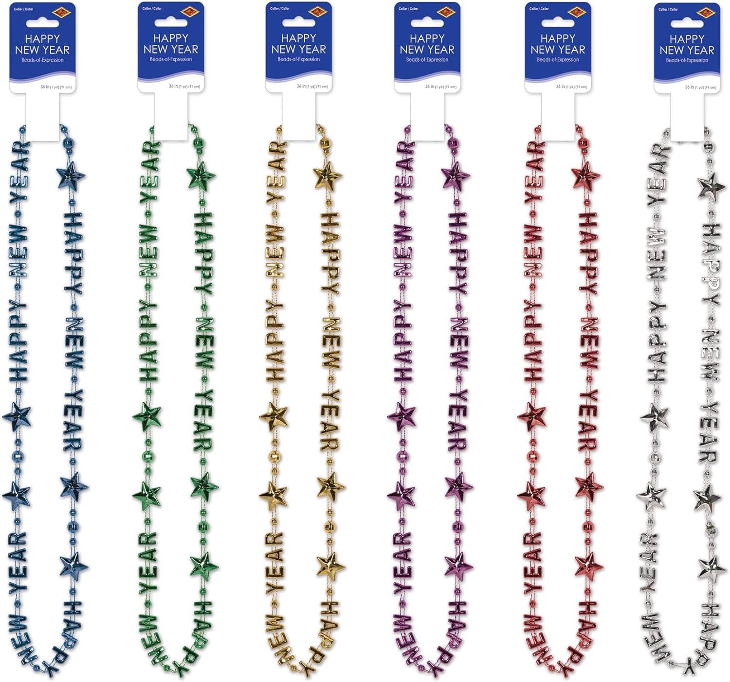 image:imageBeistle Happy New Year Beads of Expression  12 Pack Metallic Bead Necklaces with Star Accents Assorted Colors Celebration Jewelry for New Years Parties amp NYE Events 36Assorted Color