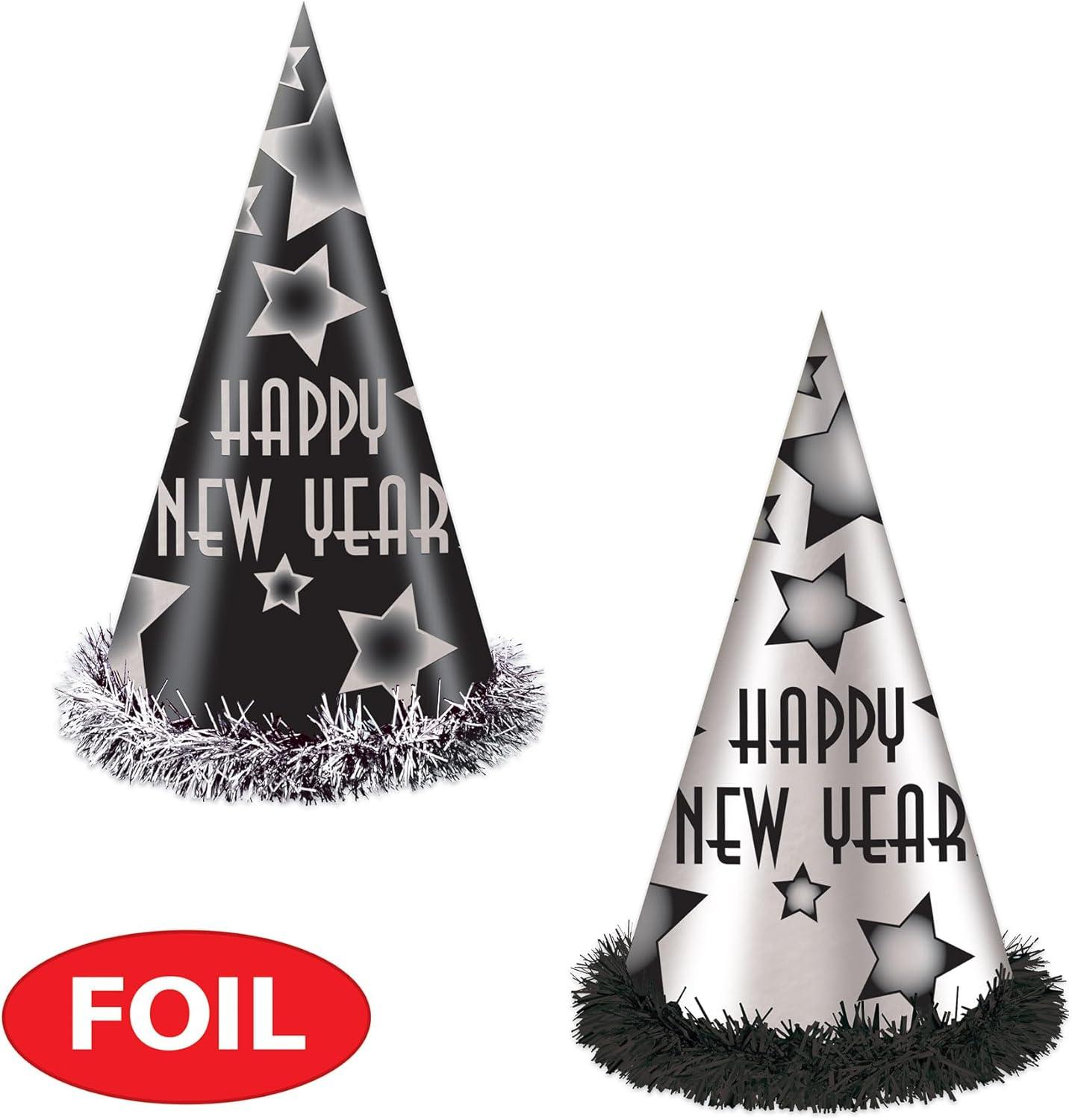 image:imageBeistle Happy New Year Party Hats for 25 Black and Silver Cone Hats with Star Design Fringe Trim and Elastic Bands Festive NYE Headwear for Countdown Events Midnight Celebrations Parties