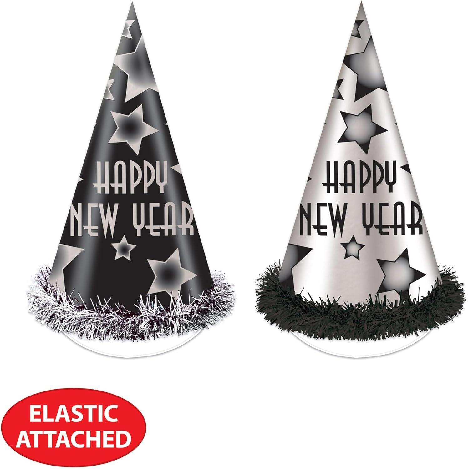 image:imageBeistle Happy New Year Party Hats for 25 Black and Silver Cone Hats with Star Design Fringe Trim and Elastic Bands Festive NYE Headwear for Countdown Events Midnight Celebrations Parties