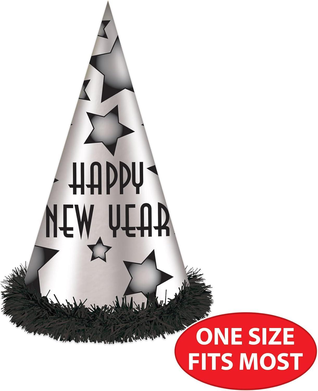 image:imageBeistle Happy New Year Party Hats for 25 Black and Silver Cone Hats with Star Design Fringe Trim and Elastic Bands Festive NYE Headwear for Countdown Events Midnight Celebrations Parties