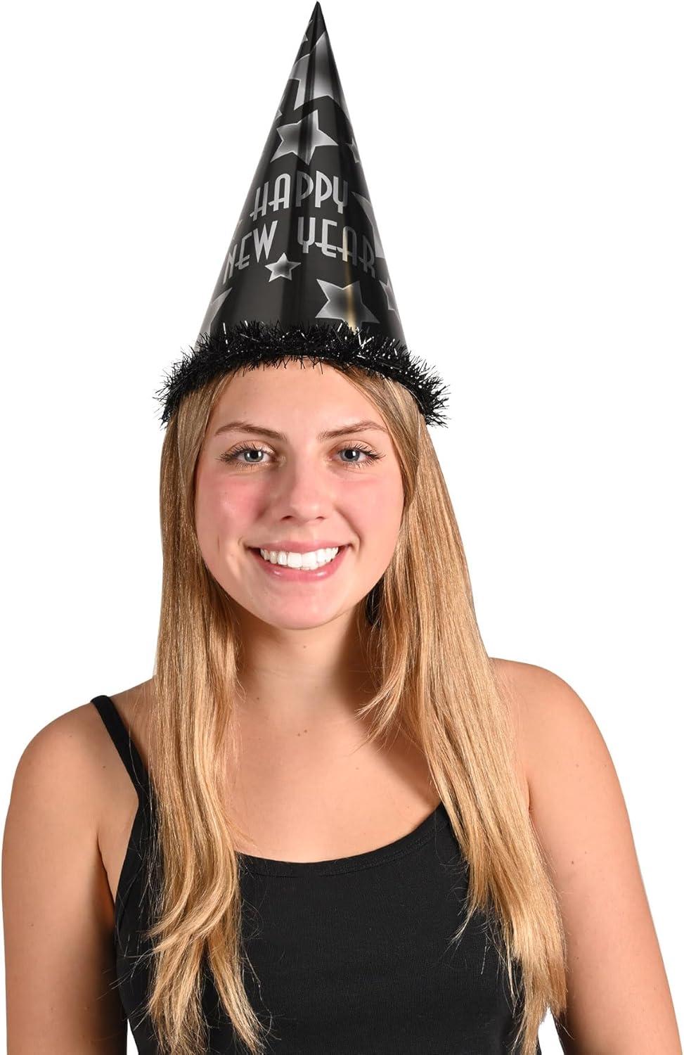 image:imageBeistle Happy New Year Party Hats for 25 Black and Silver Cone Hats with Star Design Fringe Trim and Elastic Bands Festive NYE Headwear for Countdown Events Midnight Celebrations Parties