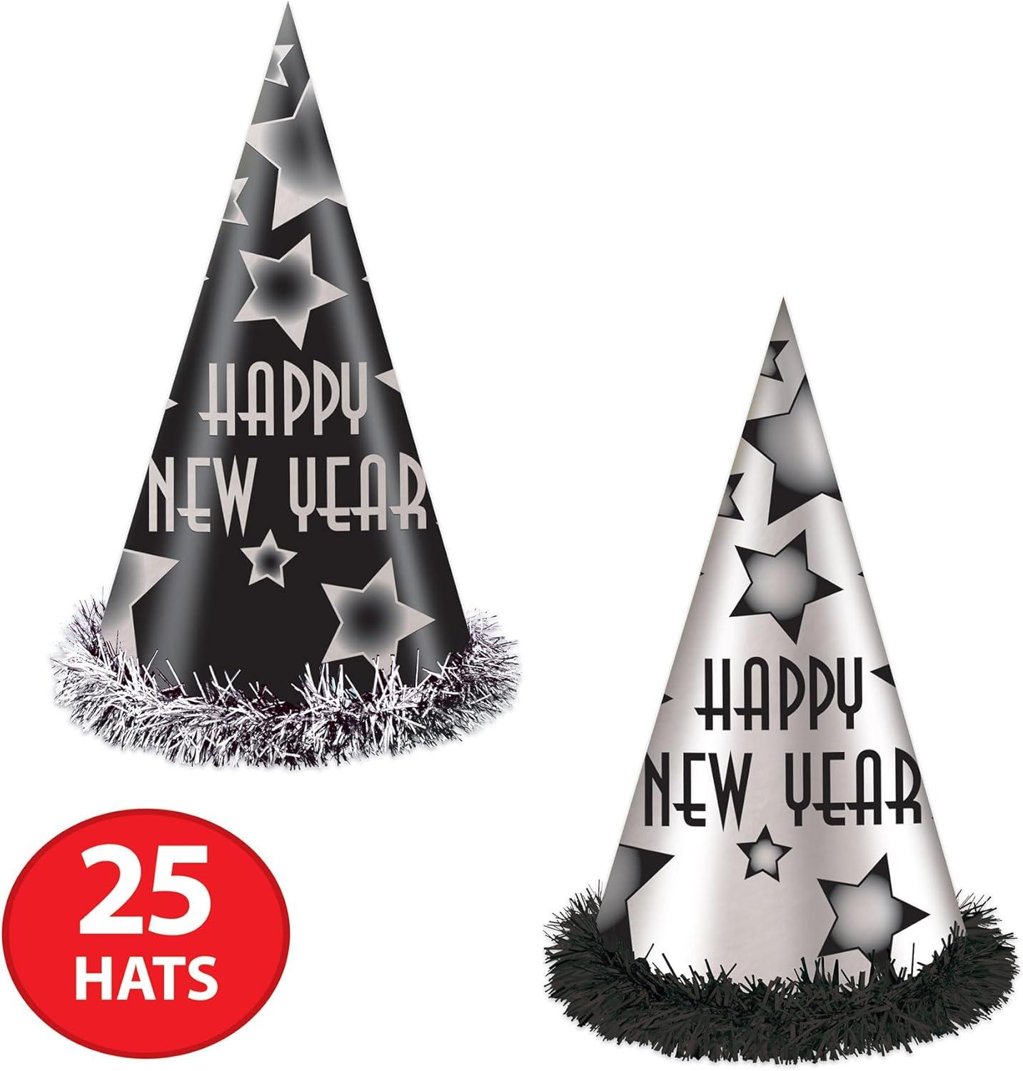 image:imageBeistle Happy New Year Party Hats for 25 Black and Silver Cone Hats with Star Design Fringe Trim and Elastic Bands Festive NYE Headwear for Countdown Events Midnight Celebrations Parties