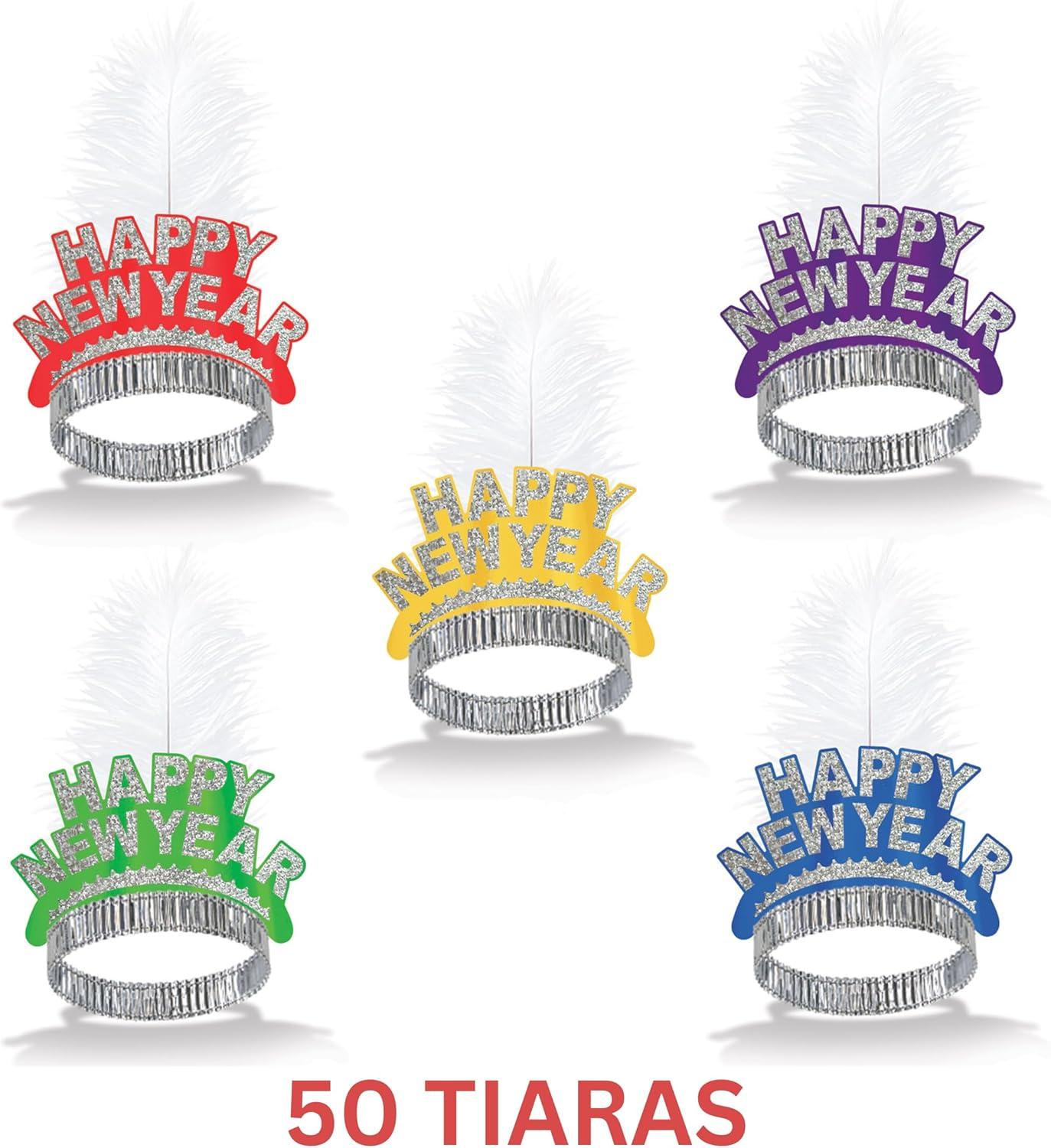 image:imageBeistle Happy New Year Swing Tiaras 50 Count Assorted Color New Years Eve Headbands with White Feather Plumes for NYE Midnight Countdown Celebrations Parties and Group Events Adult Size