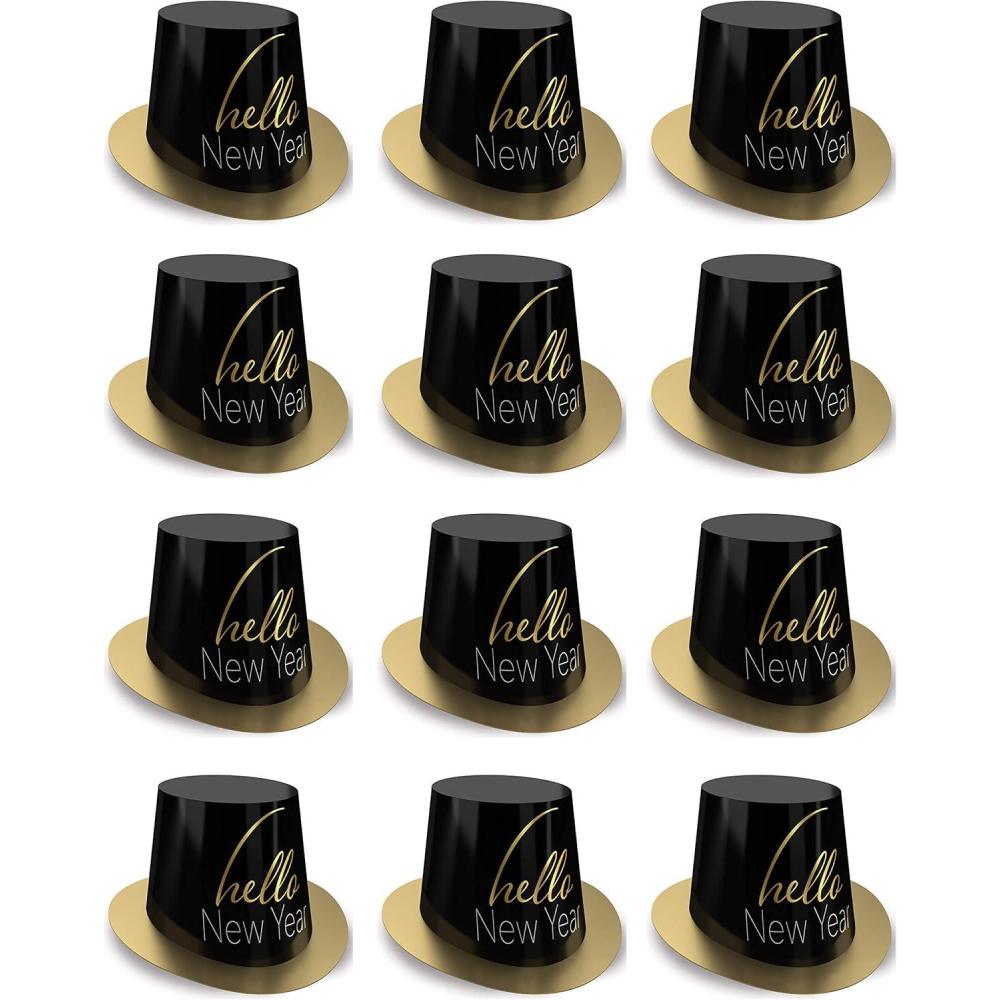 image:imageBeistle 12 Piece Durable Cardstock Paper Elegant Hello New Years Eve Top Hats HNY Party Favors NYE Supplies Headwear Photo Booth Props One Size GoldBlack
