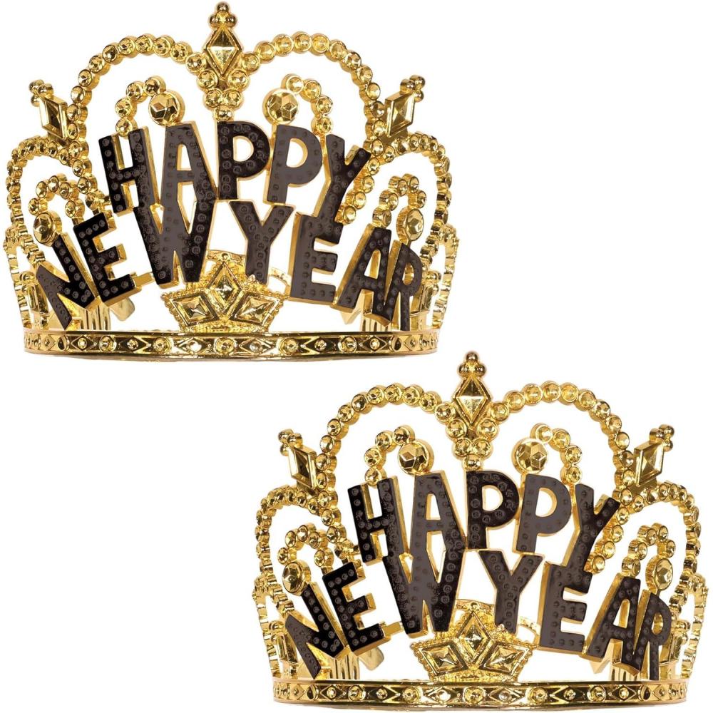 image:imageBeistle 2 Piece Black amp Gold Plastic Happy New Year Tiaras with Combs Attached NYE Party Favors for Photo Booth Props