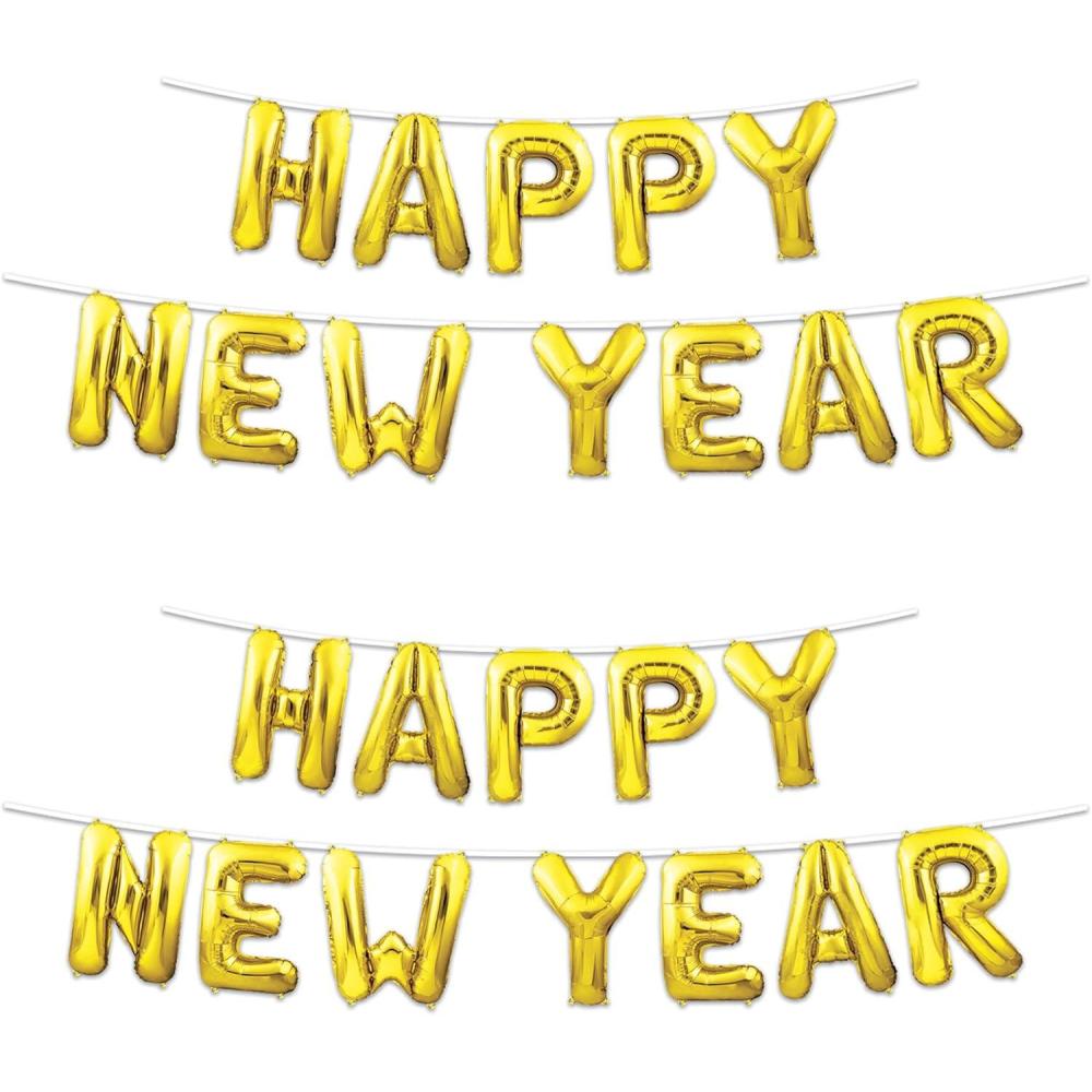 image:imageBeistle 2 Piece Gold Mylar Foil NYE Letter Balloon Banners For Happy New Year Party Decorations