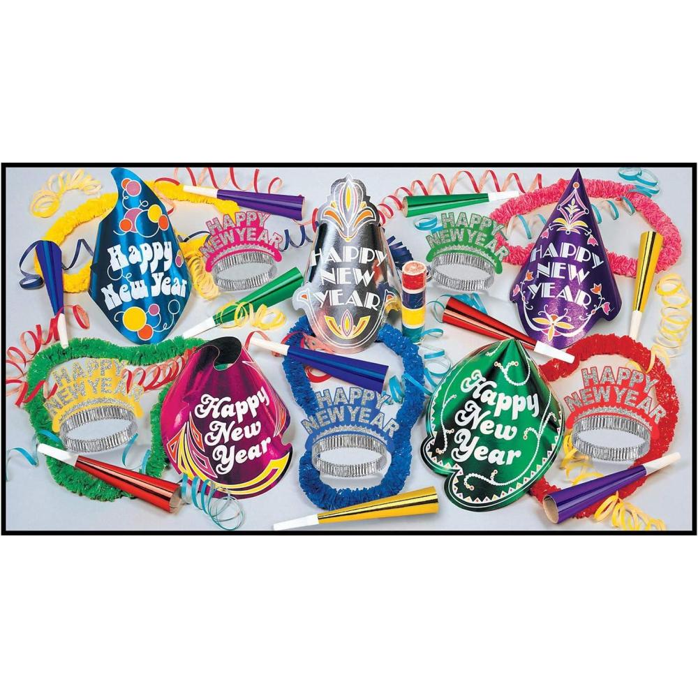 image:imageBeistle Americana Assortment for 10 People New Years Eve Party Accessories Kit with Printed Foil Party Hats Tiaras Horns Leis and Serpentine Throws for Colorful NYE Group Celebrations