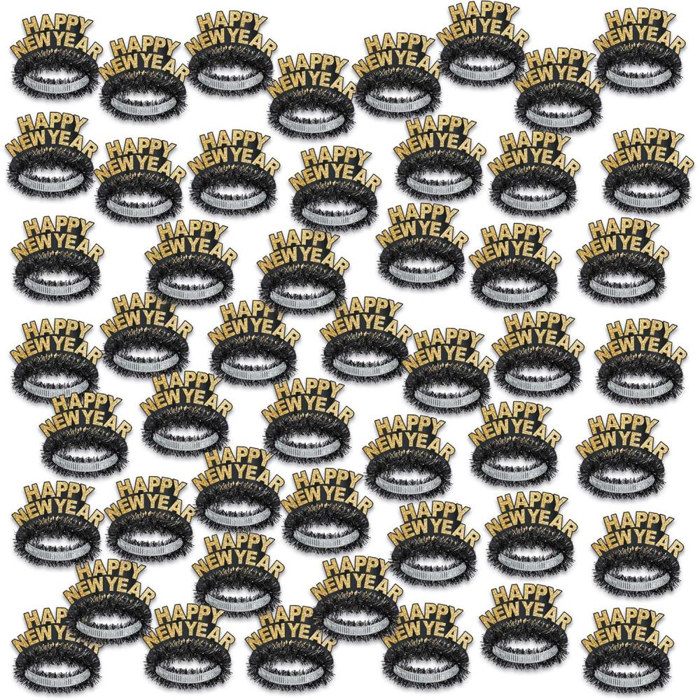 image:imageBeistle Black and Gold Happy New Year Regal Tiaras 50Pack Glittered NYE Headbands with Metallic Fringe and Crown Design for Midnight Celebrations Countdown Events and HNY Party SuppliesClassic