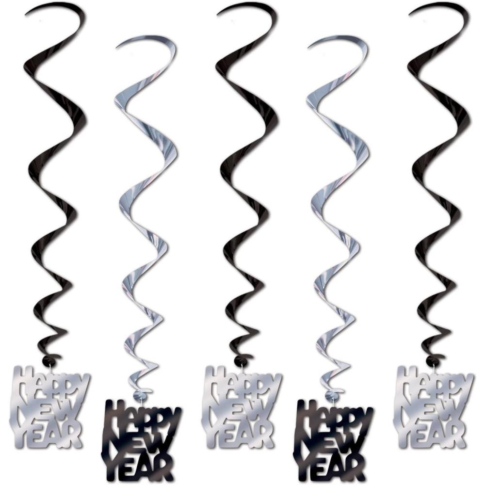 image:imageBeistle Black and Silver Happy New Year Whirls 33Inch 5 Per PackageBlackSilver5 piece