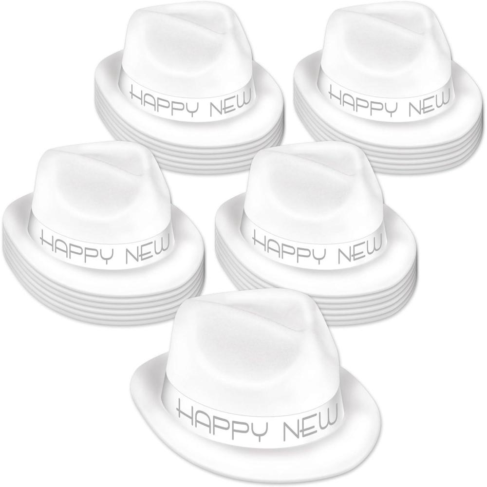image:imageBeistle Chairman White Hats for New Years Eve 25Pack PlasticBacked Velour Fedoras with Silver HNY Lettering Classic Countdown Party Headwear for Elegant NYE Celebrations and Formal Events
