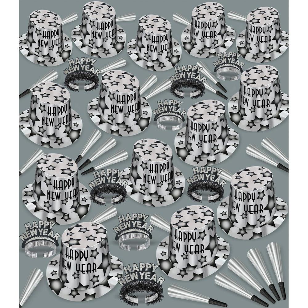 image:imageBeistle GemStar Silver Deluxe New Years Eve Assortment 100Person Black and Silver Party Kit with Foil Hats Glittered Tiaras Fringed Tiaras and Horns for NYE Countdowns and Midnight Celebrations