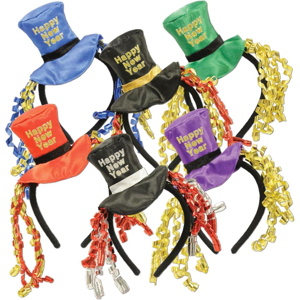 image:imageBeistle Happy New Year Headbands  Glittery Star Boppers and Sparkling Fabric Top Hats New YearsHappy New Year Headbands