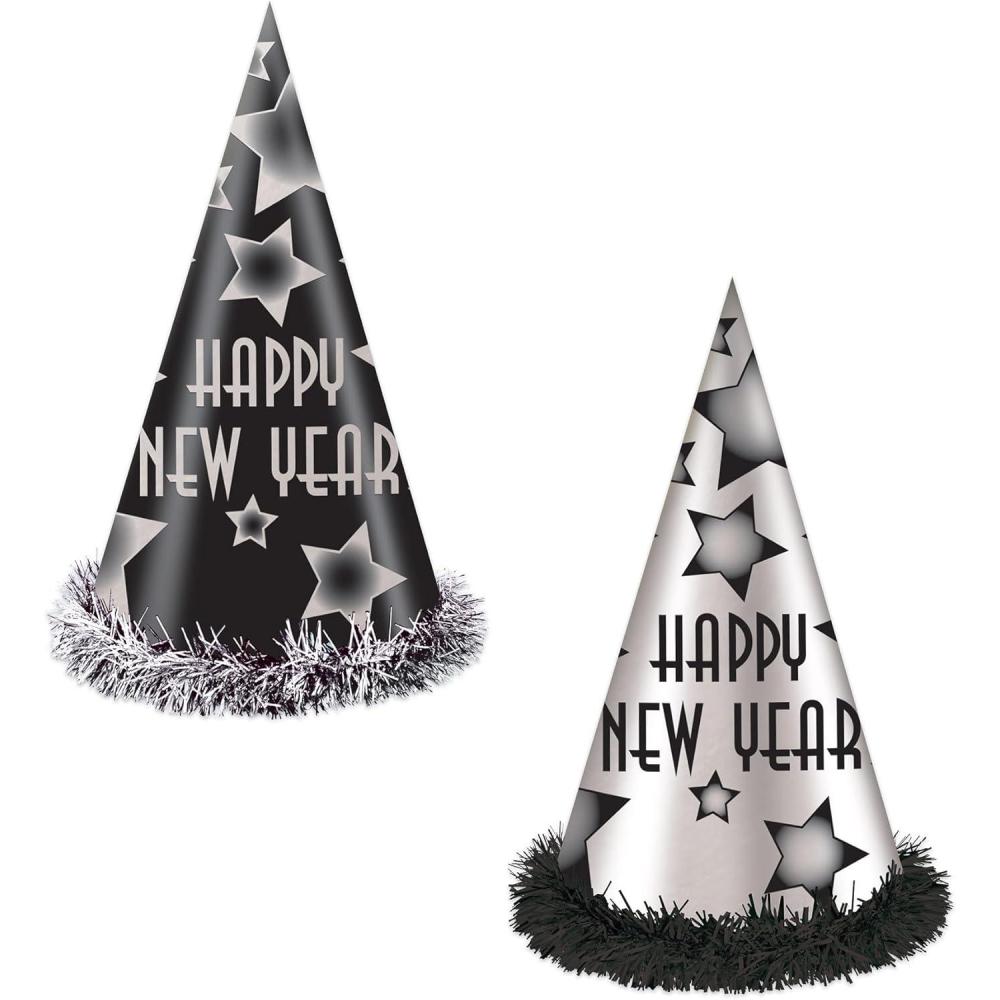 image:imageBeistle Happy New Year Party Hats for 25  Black and Silver Cone Hats with Star Design Fringe Trim and Elastic Bands Festive NYE Headwear for Countdown Events Midnight Celebrations Parties