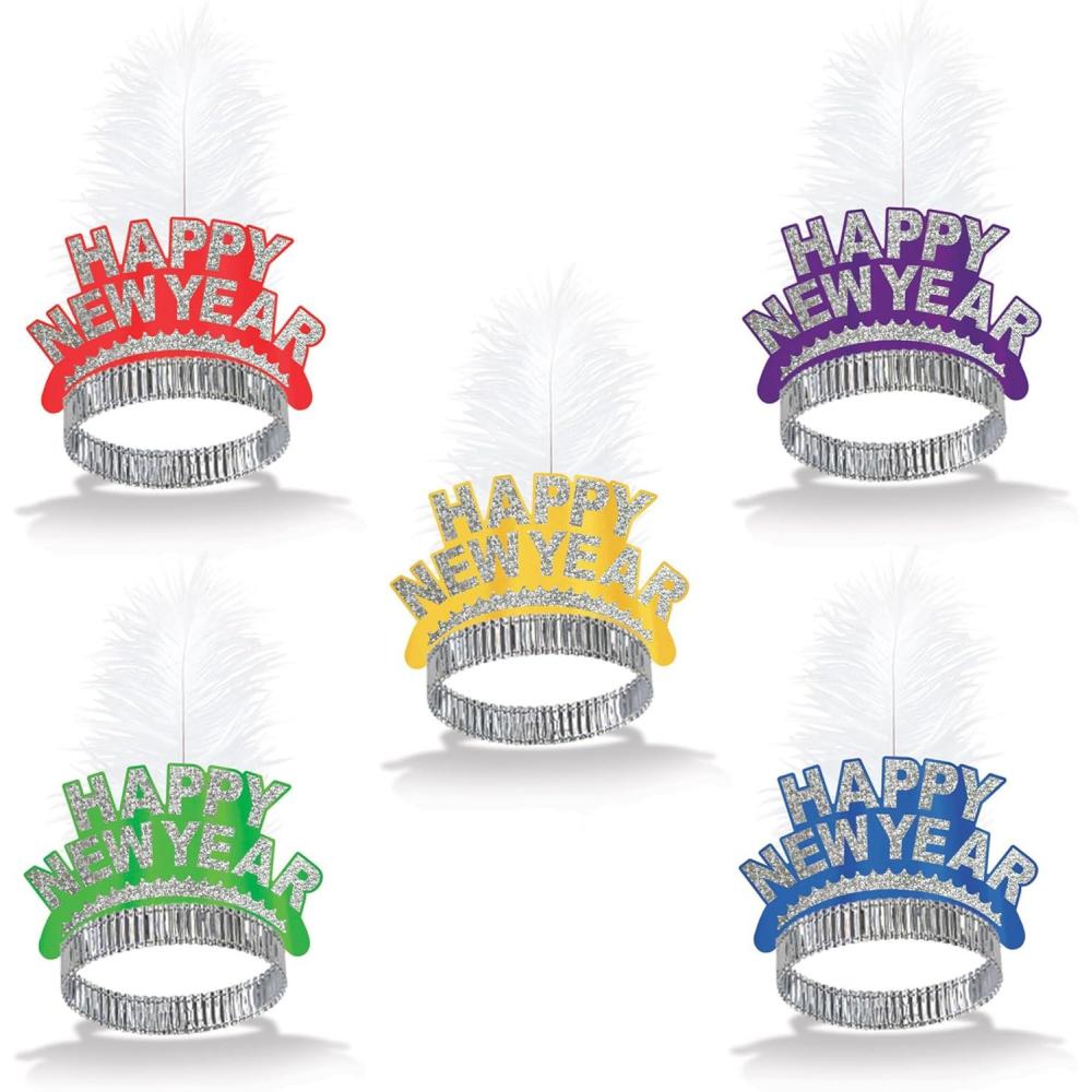 image:imageBeistle Happy New Year Swing Tiaras  50 Count Assorted Color New Years Eve Headbands with White Feather Plumes for NYE Midnight Countdown Celebrations Parties and Group Events Adult Size