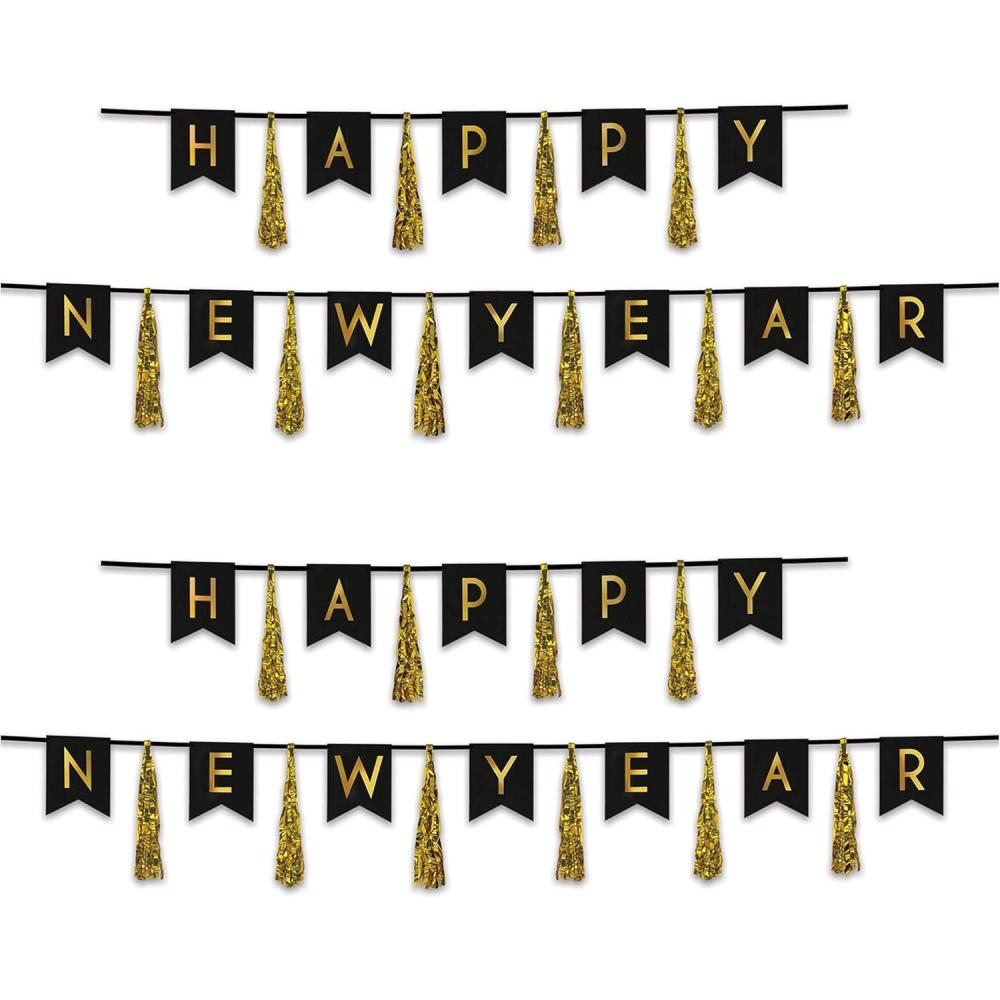 image:imageBeistle Happy New Years Eve Tassel Banners 2 Piece Hanging Decorations 13 x 6 amp 13 x 9 BlackGold